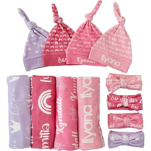 Personalized Newborn Swaddle Set for Baby Girl, Baby Boy Customized Name Swaddle with Hat. Baby Shower Gift