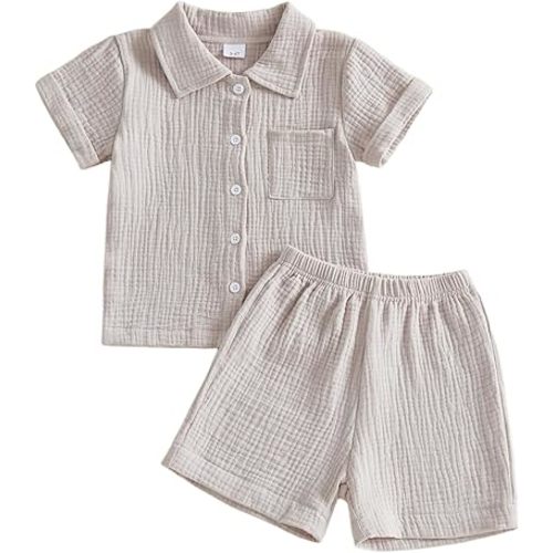 Baby Boys Clothes Set Toddler Infant Boys Button-down Shirt Tops + Cotton Gauze Shorts Summer Outfit 2PCS with Pockets