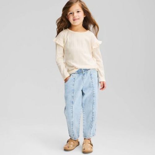 Toddler Girls' Long Sleeve Ruffle T-Shirt - Cat & Jack™ Cream 3T