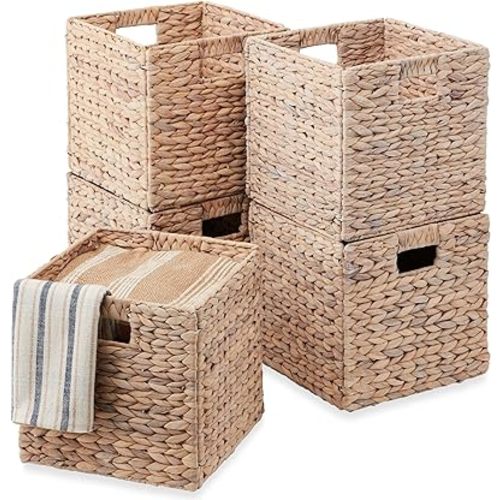 Best Choice Products 10.5x10.5in Pack of 5 Cube Storage Baskets, Water Hyacinth Multipurpose Collapsible Organizers, Handwoven Laundry Totes for Laundry, Living Room, Kids Room & Nursery - White