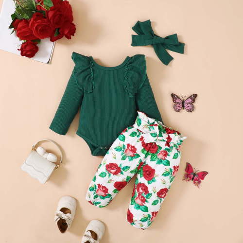 Toddler Girls 3 Piece Outfit Long Sleeve Ruffle Bodysuit Baby Girl Floral Pants Set Solid Ribbed Tops Infant Headbands for Baby Girl Today