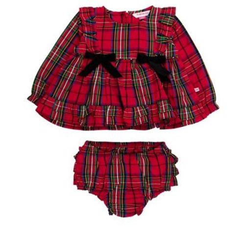 RuffleButts Baby Girls Woven Long Sleeve Waterfall Bow Swing Top & Bloomer Set - Red Nicholas Plaid, 12-18m