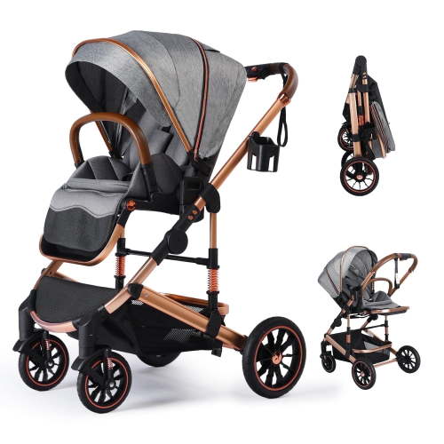 LINLUX Foldable Baby Stroller, Convertible Newborn Stroller, High Landscape Infant Carriage, Dark Gray
