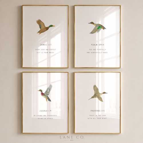 Duck Hunting Bible Verse Nursery Prints, Set of 4 Printed Scripture Mallard Duck Wall Art, Little Boy Duck Hunter Decor
