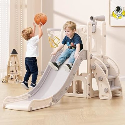 Babytronic Toddler Slide, 6 in 1 Kids Indoor Slide for Toddlers 1-3, Baby Indoor and Outdoor Climber Playset, Kids Slide with Basketball Hoop and Telescope, Toddler Outdoor Playground(White&Gray)