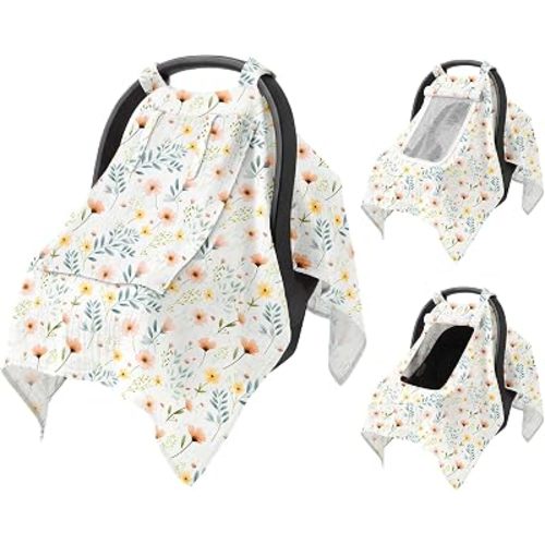 Baby Car Seat Cover with Mesh Window, 100% Cotton Carseat Covers Baby Boy Breathable Infant Car Seat Cover Spring Summer Baby Carseat Cover Lightweight Infant Car Seat Canopy - Floral