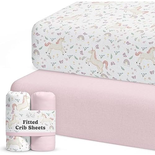 Sorrel + Fern Crib Sheets Neutral - Fitted Baby Crib Sheets Bed for Girl Boy - 2 Pack Standard & Toddler Mattress (Unicorn Blossom) - Buttery Soft Organic Cotton Blend
