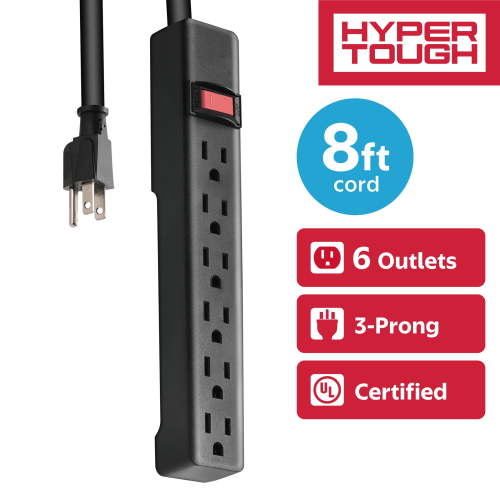 Hyper Tough 6-Outlet Indoor Power Strip with 8 Ft Extension Cord, ETL Certified, Black