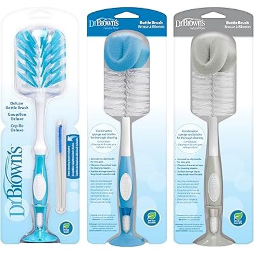 Dr. Brown's Reusable Sponge Baby Bottle Cleaning Brush, Blue and Gray + Deluxe Bottle Brush, BPA-Free, Blue, 3-Pack