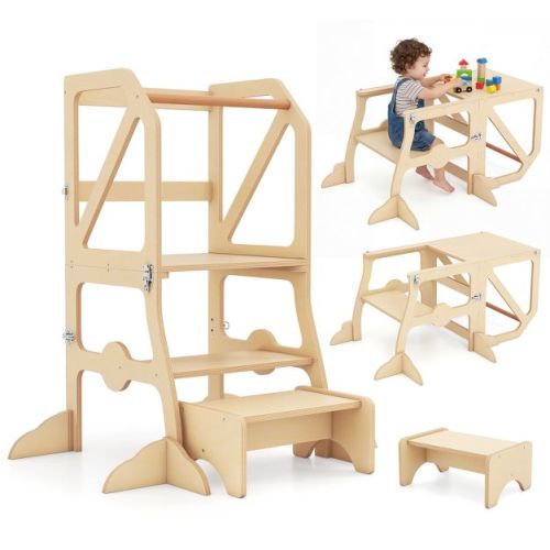 Costway 2 in 1 Toddler Tower w/Removable Safety Bar for Children 3+ Years Old Natural