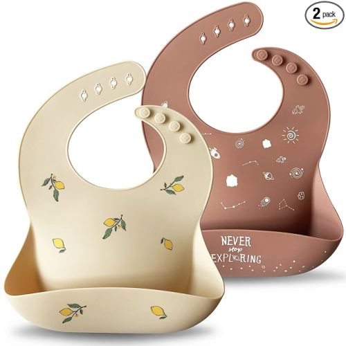 Moonkie Silicone Baby Bibs Set of 2, BPA Free Waterproof Baby Bibs for Eating, Soft Adjustable Silicone Bibs for Babies 6-12 Months, Toddler Bibs with Pocket Food Catcher (Shifting Sand/Burlwood)