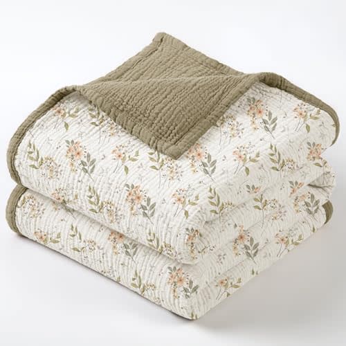 lulumoon Muslin Baby Blanket for Girls: Cotton Toddler Blanket for Daycare | 47x47" Soft Reversible Crib Bedding from Infant to Toddler - Lightweight for Naptime, Stroller, Carseat & Travel(Flower)