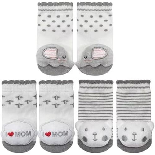 PUPPET Baby Rattle Socks Boys Girls Socks Set with Animal Heads and Rattle Function Sensory Development for 0-6 Months Elephant Bear I Love Mom