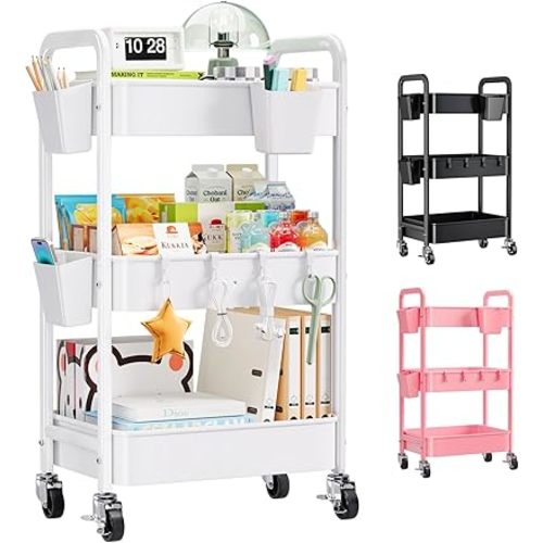 3 Tier Rolling Cart with Wheels, Metal Utility Storage Cart on Wheels, Craft Carts Organizer with Hanging Cups, Hooks, Three Tiered Rolling Carts for Bathroom, Laundry Room, Nursery, Office, White