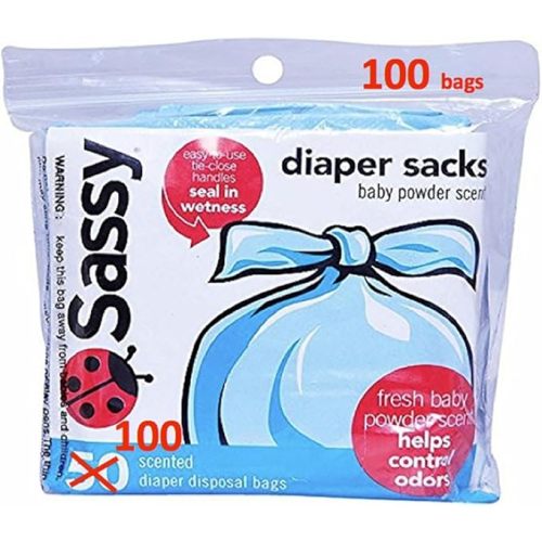 Sassy 100 Count Disposable Diaper Sacks, Powder Scented, 4-25 Sacks per Roll, Easy-to-Tie, Diaper Disposal or Pet Waste Bags