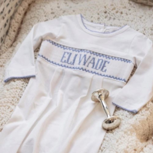BOYS BLUE & WHITE KNIT NAME SMOCKED INFANT GOWN – Little Bear Smocks