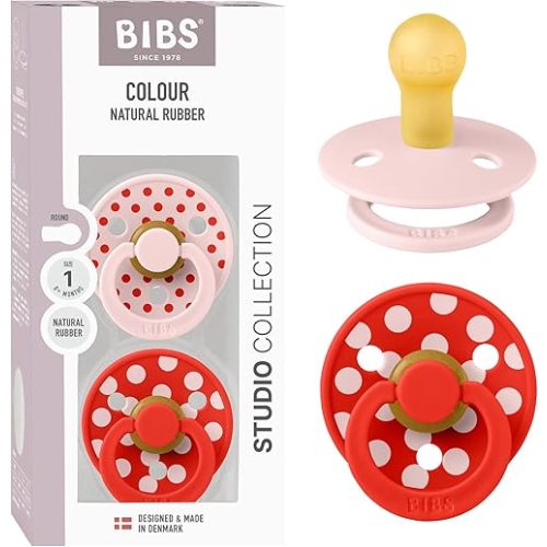BIBS Colour Polka Dots Pacifier, 0-6 Months, 2-Pack, Blossom/Candy Apple
