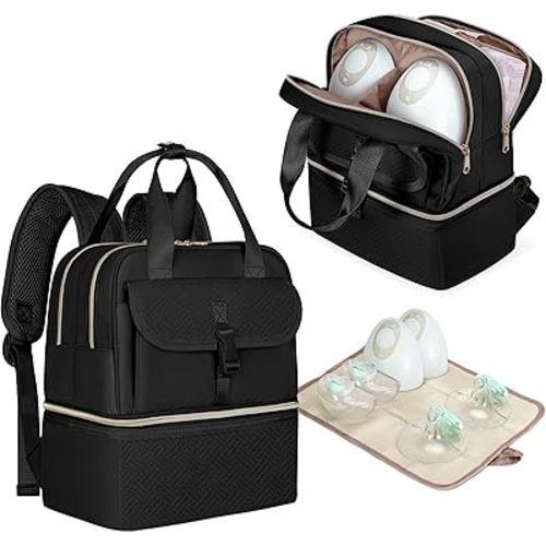 Breast Pump Bag Compatible with Momcozy M5/M6/S12 Pro and Eufy Wearable Hands-Free Pumps, Insulated Pumping Backpack with Cooler Compartment & Drying Mat for Working Moms, Travel, Black