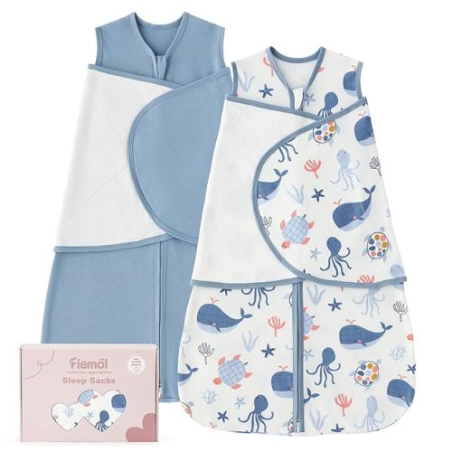 Baby Swaddle Sleep Sack 0-3 Months, Swaddles for Newborns Boy Girl, 3-Way Adjustable Infant Swaddle Wearable Blanket with Zipper & Detachable Wrap, 2 Pack Soft Snug Blue Whale