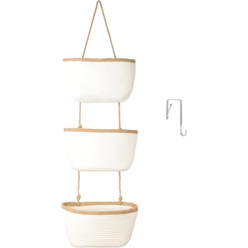 TeoKJ Over the Door Hanging Basket, 3-Tier Woven Cotton Wall-Mounted Storage Organizer Bag Decorative Hanging Nursery Baskets, White & Dark Brown