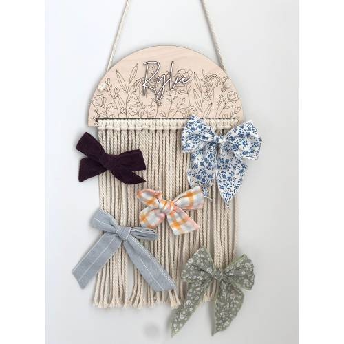 Macrame Personalized Clover & Wildflower Bow Holder | Baby Shower Gift | Nursery Decor | Girl Room Decor | Wood Bow Holder |
