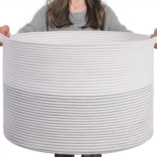 INDRESSME XXXLarge Cotton Rope Basket 21.7" x 21.7" x 13.8" Woven Baby Laundry Basket for Blankets Toys Storage Baskets with Handle Comforter Cushions Storage Bins Thread Laundry Hamper-Black Stitch