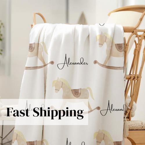 Personalized Baby Blanket Nursery Decor Horse Theme Baby Gift Shower Present Custom Design Rocking Horse Nursery Bedding Soft Minky Throw