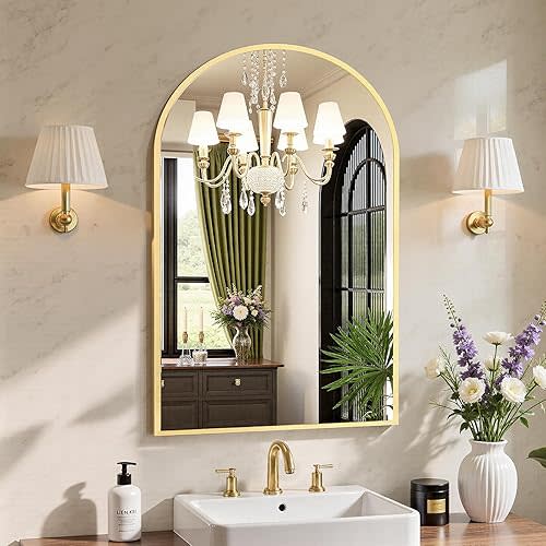 Sweetcrispy 20"x30" Arched Gold Bathroom Mirrors for Wall, Bathroom Mirrors for Over Sink, Metal Framed with HD Shatter-Proof Glass for Entryway, Living Room, Bedroom