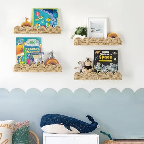 Scalloped Nursery Bookshelf, Set of 4, Picture Ledge Shelf for Wall Decor, Woven Straw Paper Floating Shelves for Books, Toys, Photo Frames, Nursery, Boho Modern Farmhouse Book Shelf, Beige