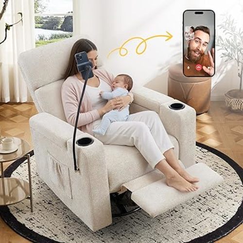 Power Swivel Glider Rocking Chair Nursery, Skin-Friendly Premium Chenille Electric Glider Rocker Recliner Chair with Armrest Storage, USB A&C Ports, Cup Holder, Phone Holder, Chenille Beige