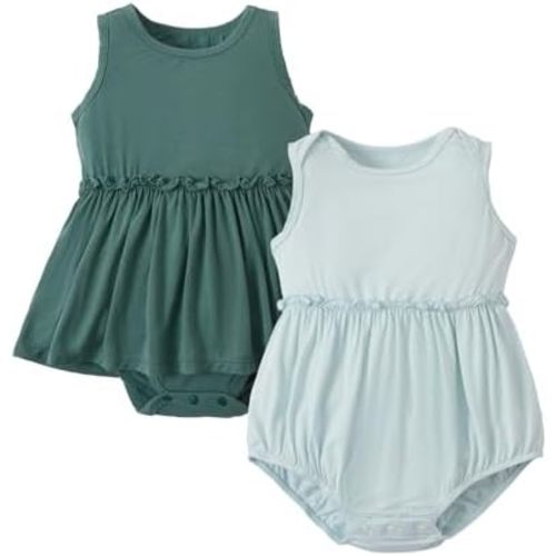 PATPAT Bamboo Baby Girl Clothes - Soft & Breathable Viscose Outfits - Sleeveless Bodysuit Dress Summer- 2 Pack Newborn Infant