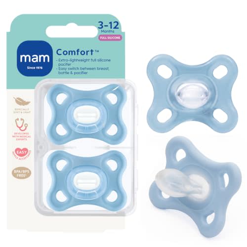 MAM Comfort Baby Pacifier 3-12  Mths Lightweight One-Piece Silicone 2 Pack | One Piece Silicon With Color Free Nipple, BPA-Free, Easy To Clean, Best For Breastfed Babies, Sterilizer Case, Made In Europe