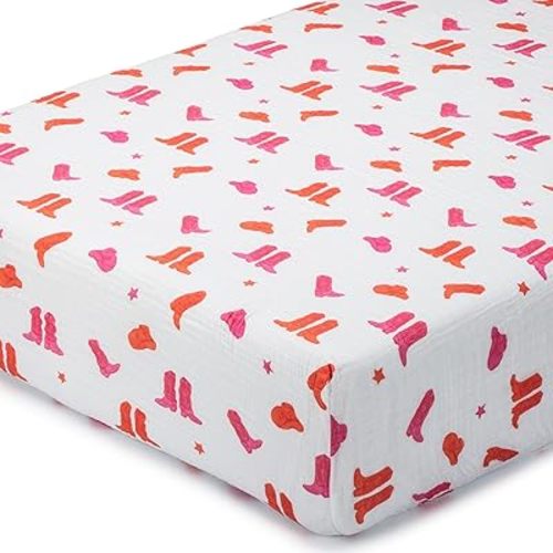 LollyBanks Fitted Crib Sheets for Girls, Soft 100% Cotton Western Baby Girl Sheet, Fits Standard Size Mattress 28 in x 52 in, Breathable Muslin Crib Sheet 1 Pack (Western Boot Print)