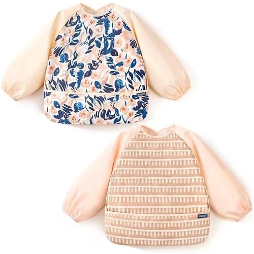 GRSSDER 2 Pack Long Sleeve Baby Feeding Bibs, Soft Waterproof Coverall Baby Led Weaning Bib with Large Food Catcher Pocket