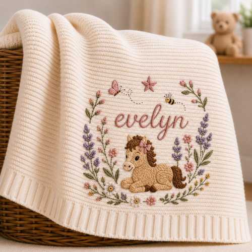 Personalized Knit Western Pony Baby Blanket, Custom Embroidered Horse Lavender Baby Shower Gift, Gift for Baby Girl, Welcome Baby Blanket