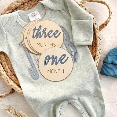 Baby Monthly Milestone Markers Disc, Wooden 3D Milestone Cards for Photos, Baby Announcement Sign,Slate Blue, 1-12 Months, 4 Inches in Size.