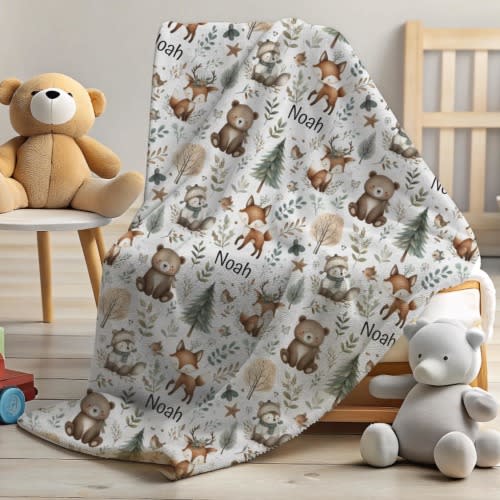 Woodland Animal Blanket Personalized Plush Velveteen Baby Throw for Kids Nursery Bedding Girls and Boys Custom Name Blanket Baby Shower Gift