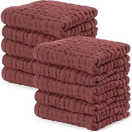 Comfy Cubs Muslin Baby Washcloths 10 Pack - Soft 6-Layer Cotton Wash Cloths for Sensitive Skin - 10"x10" Large, Gentle, Absorbent Infant Essentials for Newborn and Toddlers - Wine