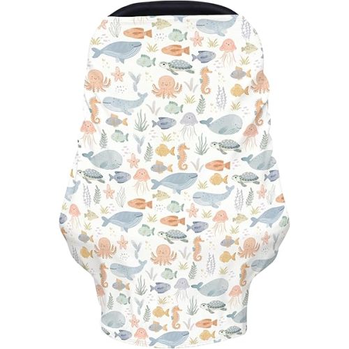 Watercolor Sea Animals Baby Car Seats Covers Coastal Whale Shark Turtle Seahorse Multi-Use Breastfeeding Cover Carseats Marine Ocean Animals Canopy Cover Infant Stroller Covers for Baby Boys Girls