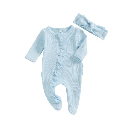 Ayalinggo Newborn Baby Romper Infant Girl One-piece Outfit Waffle Ruffle Zip Footie Spring Summer Clothes With Bow Headband