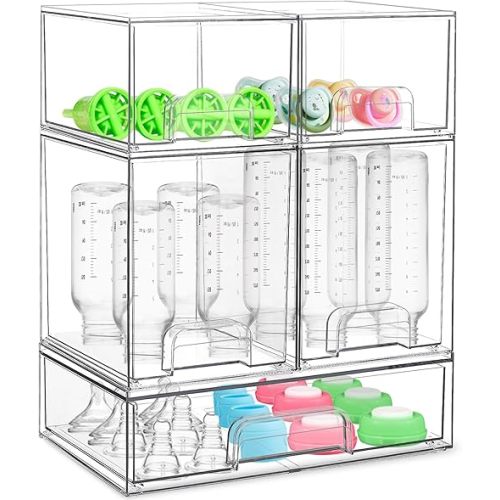 Baby Bottle Organizer for Countertop with Dust Protection, 5Pack Stackable Baby Organizers and Storage for Bottles, Clear Acrylic Container with Drawer for Kitchen, Cabinet, Vanity, Bathroom, Pantry