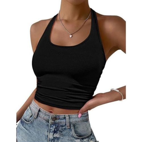 Ekouaer Women Halter Top Backless Scroop Neck Slim Stretchy Ribbed Knit Camisole Crop Tops Black L