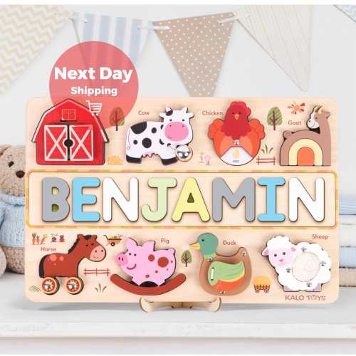 Personalized Wooden Name Puzzle, Busy Board, Montessori Farm Animal Toys, Baby Gift, Baby Girl- Boy Toys, Gift for Kid, First Birthday Gift
