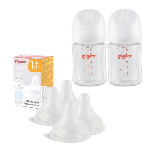 Pigeon Glass Baby Bottle(5.4 Oz, Pack of 2) with 4 Latch-On Line Silicone Nipples, Newborn Feeding Set(0~3M)