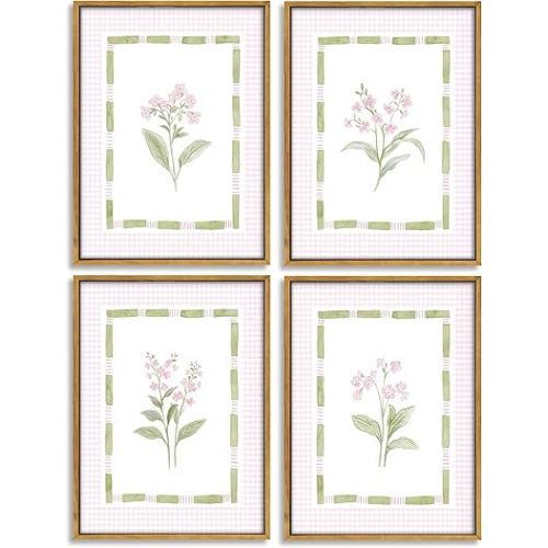 Pink Floral Nursery Wall Art Watercolor Wildflower Pictures Wall Decor Sage Green Botanical Posters Vintage Grandmillenial Flower Painting Print Artwork for Baby Girls Room Bedroom, Framed