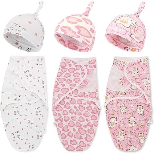 Chuarry 3 Pack Preemie Swaddle Blanket with Hat Set Preemie Hats Baby Receiving Blanket Swaddle Wrap for Newborn(Cute Style)