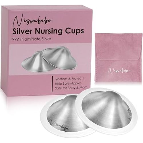 Nisxabebe The Original Silver Nursing Cups-Nipple Shields for Breastfeeding Newborn-Breast Feeding Essentials Must Haves-Nipple Covers to Protect Nursing Nipples,Trilaminate 999 Silver,Regular Size