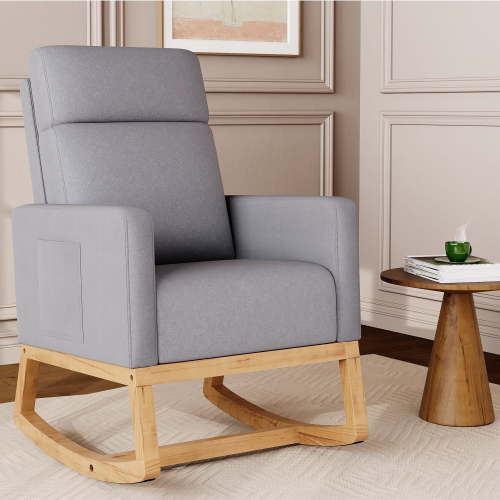 SAETSFEG Rocking Chair Nursery, Comfortable Upholstered Glider Rocker Chairs Indoor for Adults, Mid-Century Modern Nursing Accent Rockers for Living Room, Bedroom, LightGray