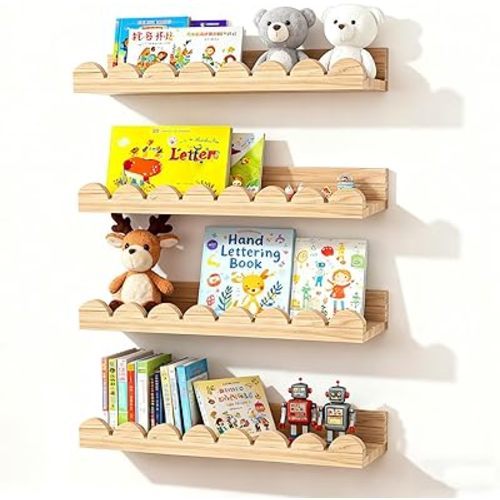 DelSol 4 Pack Floating Shelves for Wall Nursery Scalloped Shelves for Kids Room Decor, Baby & Toddler Room Book Shelves, Bedroom Wall Decor and Storage (Natural)