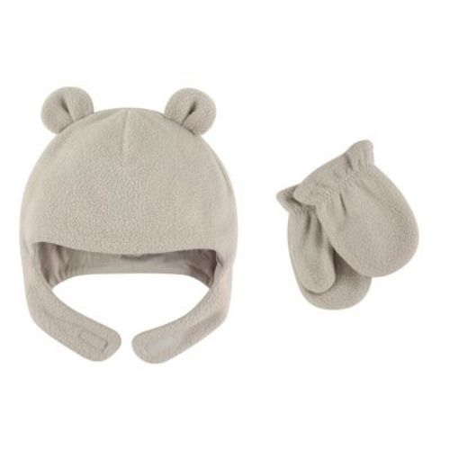 Luvable Friends Baby Beary Cozy Hat and Mitten 2pc, Light Gray